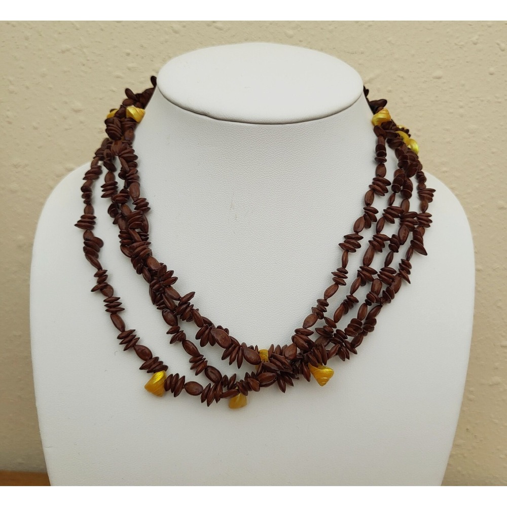 Vintage Artisan 1970's Beautiful Brown Seed & Gold Colored Seashell Necklace
